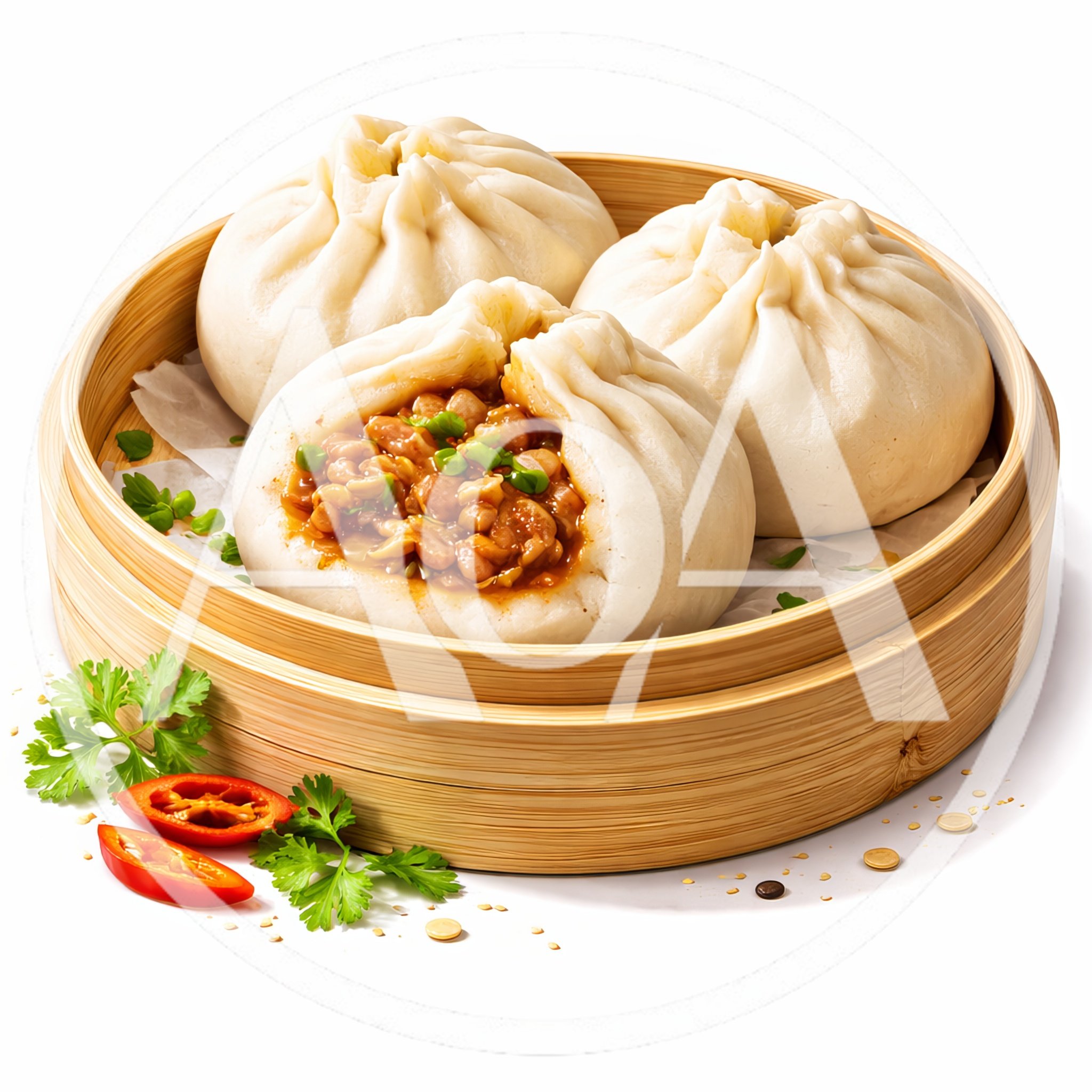 Steamed Baozi Dumplings In A Bamboo Steamer