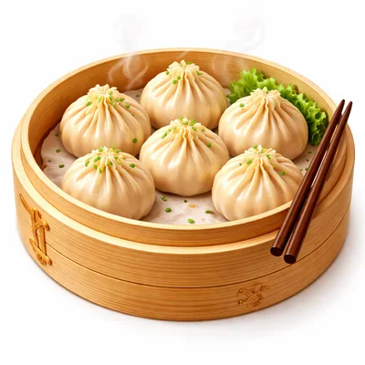 Steamed Dumplings In A Traditional Bamboo Steamer
