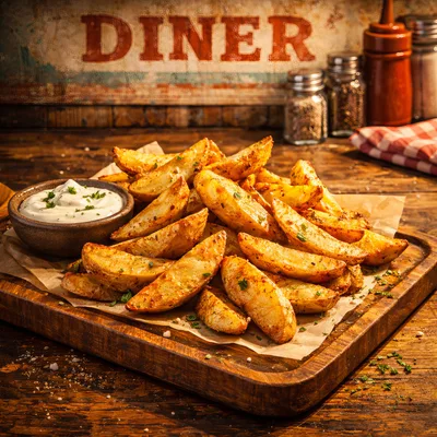 Crispy Potato Wedges With Dipping Sauce On Wooden Board