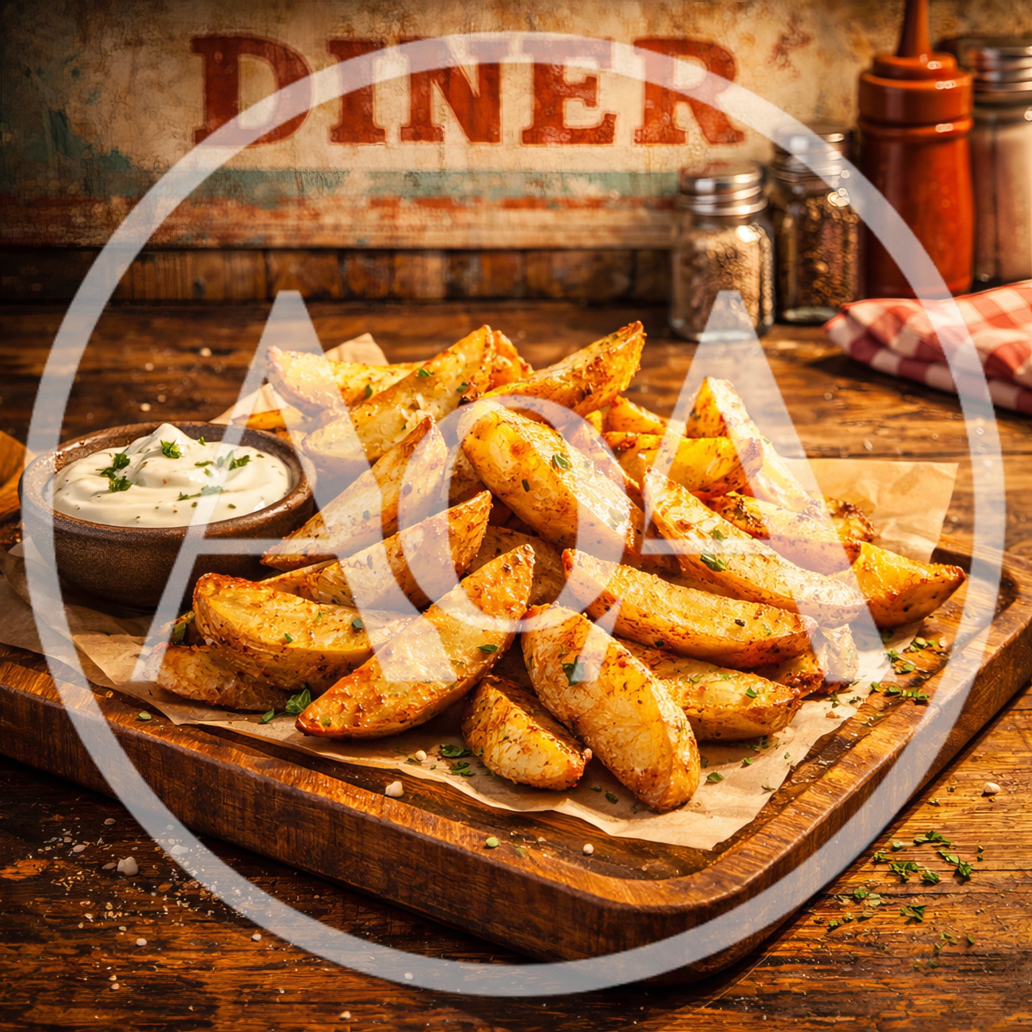 Crispy Potato Wedges With Dipping Sauce On Wooden Board