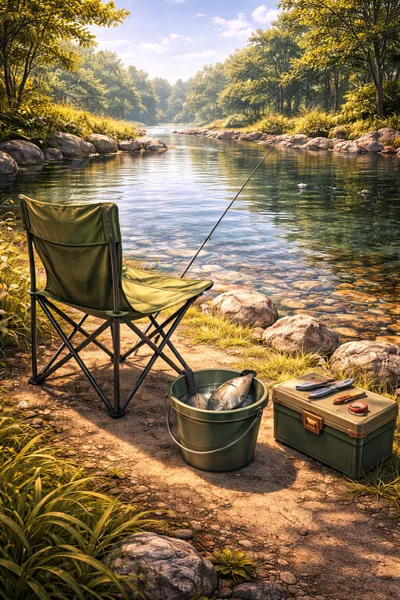 Fishing Gear Setup By A Serene River