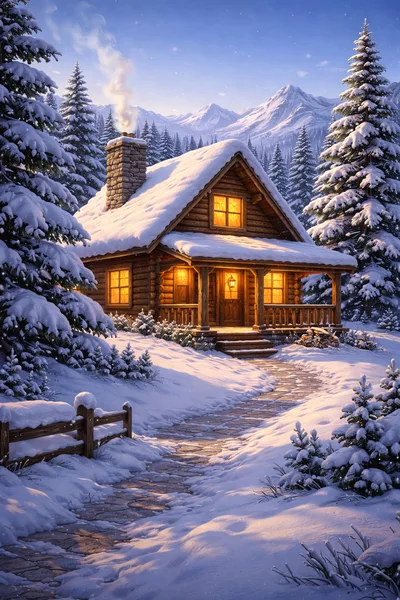 Cozy Log Cabin In Snowy Mountain Forest