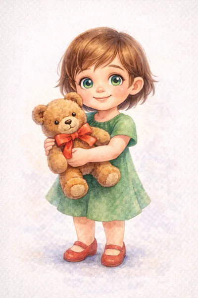 Watercolor Illustration Of A Little Girl Holding A Teddy Bear