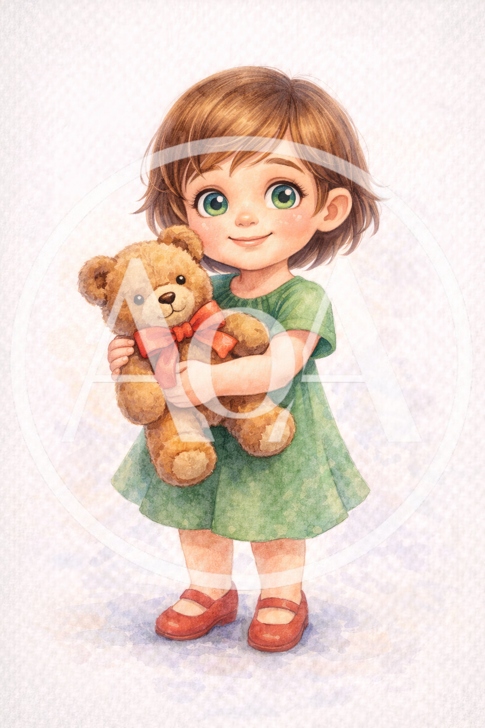 Watercolor Illustration Of A Little Girl Holding A Teddy Bear