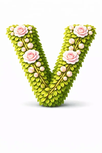 Floral Letter V Made of Green Leaves and Roses