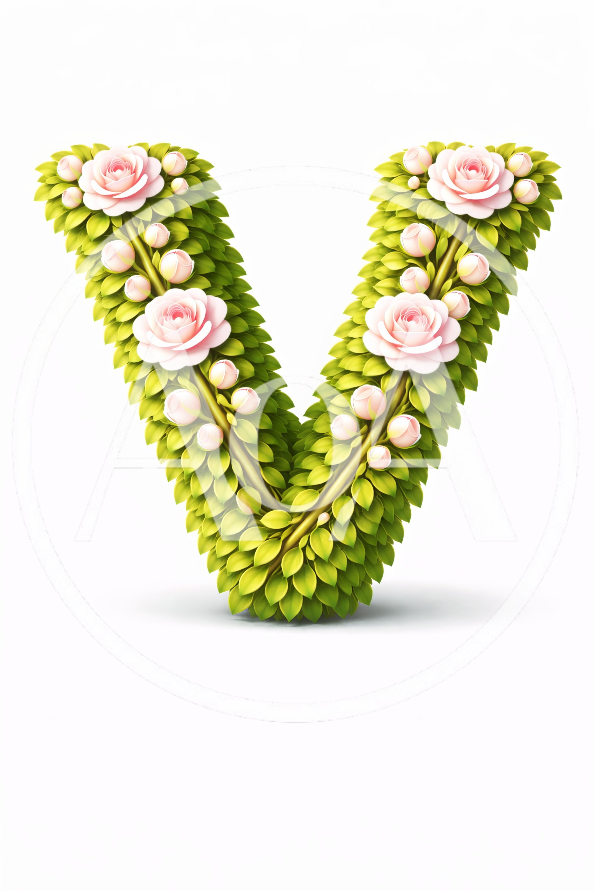 Floral Letter V Made of Green Leaves and Roses