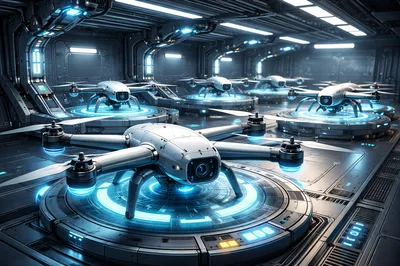 Futuristic Autonomous Drones Docked In High Tech Facility
