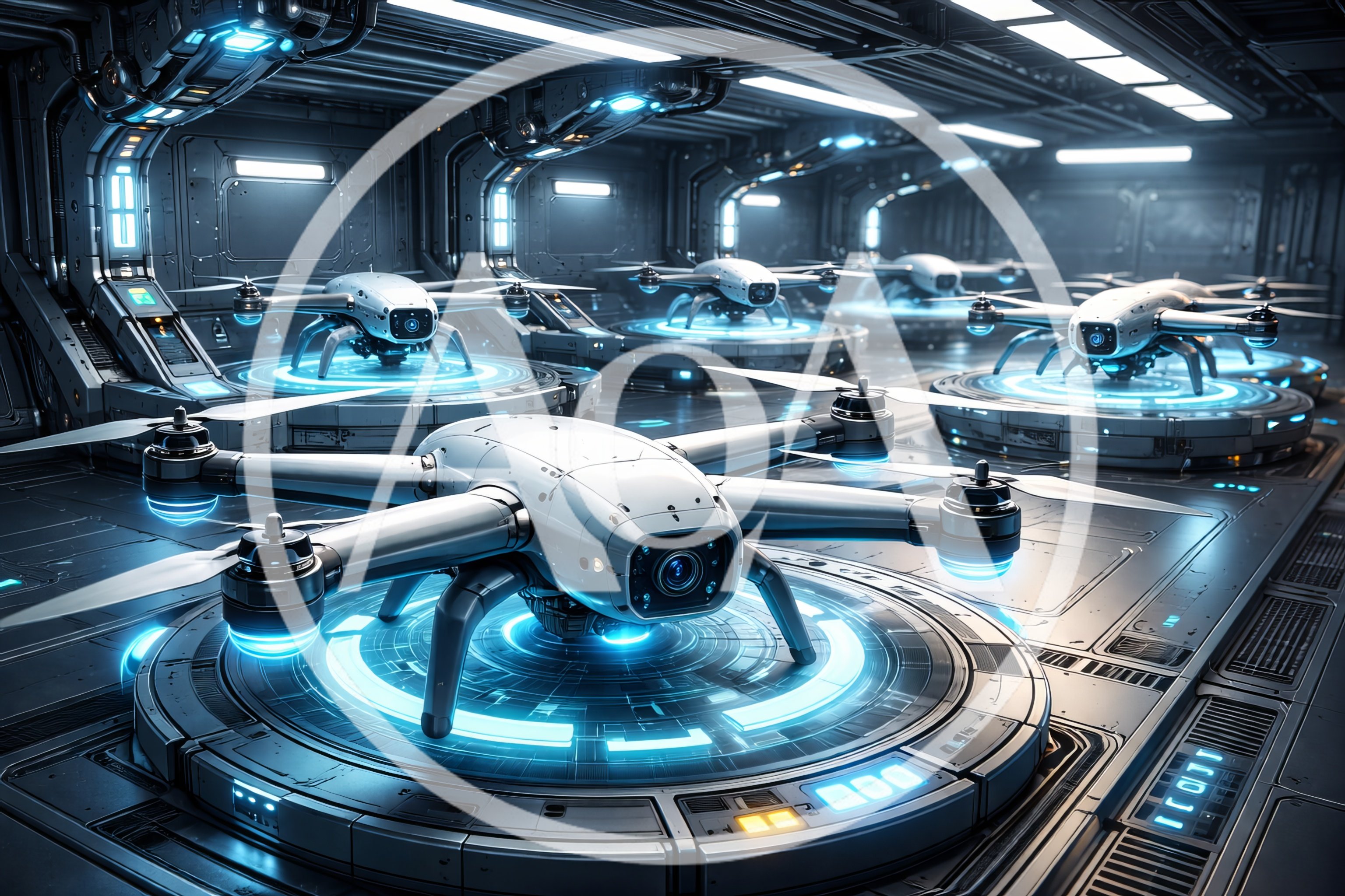 Futuristic Autonomous Drones Docked In High Tech Facility