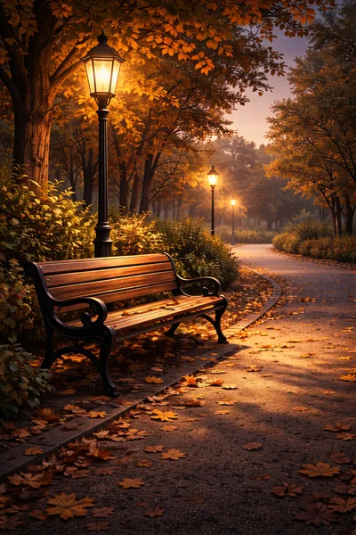 Empty Wooden Park Bench Under Glowing Streetlight