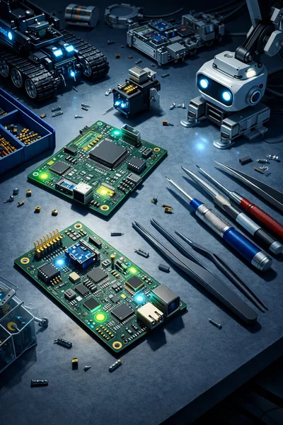 Robotic Components And Circuit Boards On Workbench