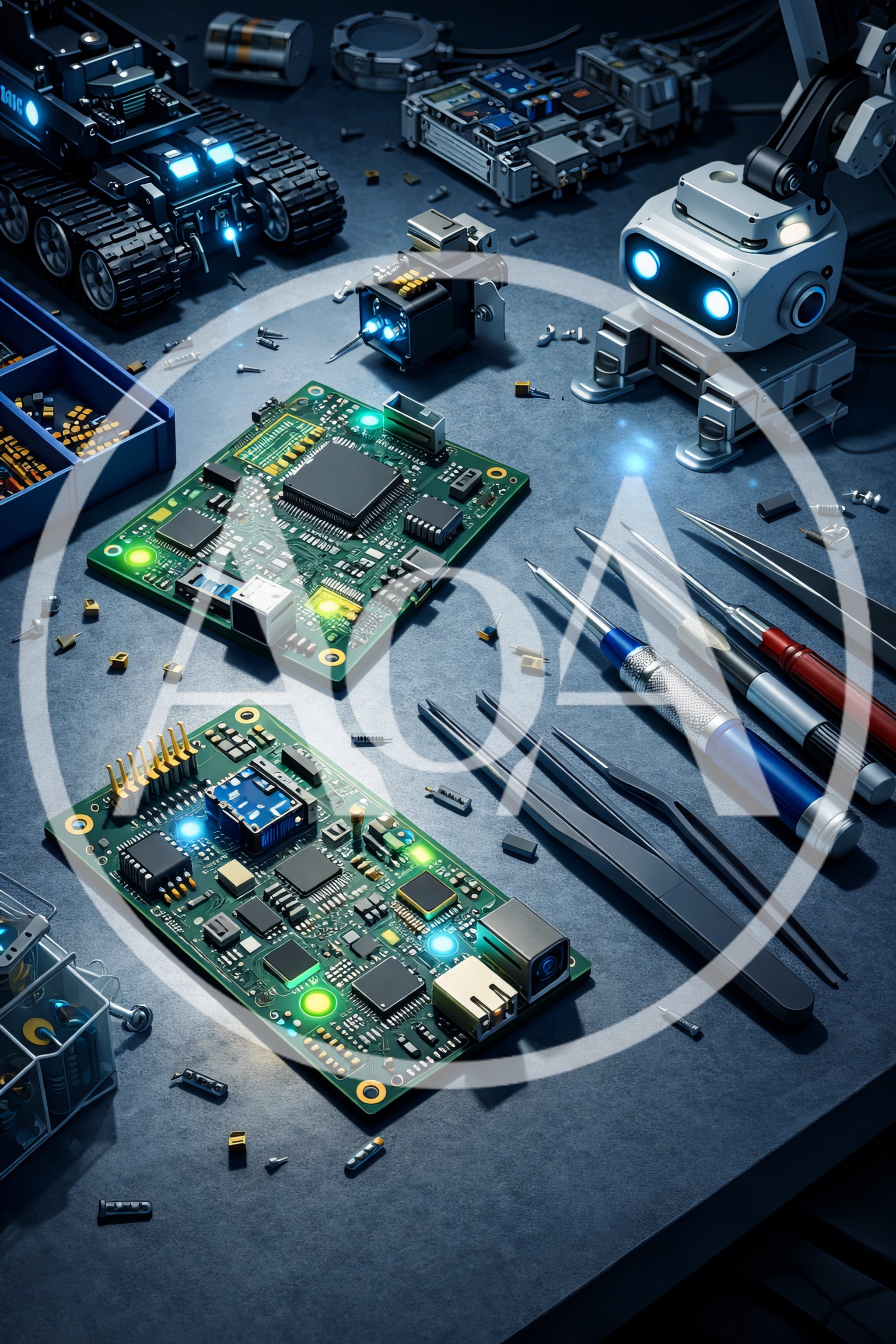 Robotic Components And Circuit Boards On Workbench