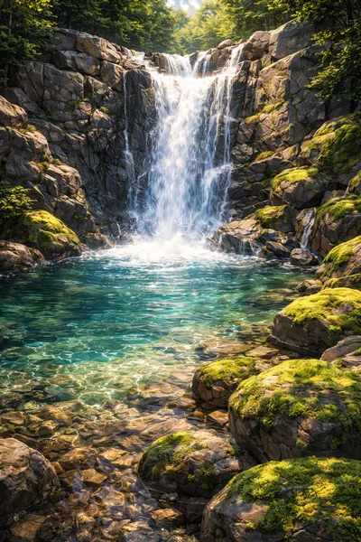 Cascading Waterfall Into A Clear Mountain Pool