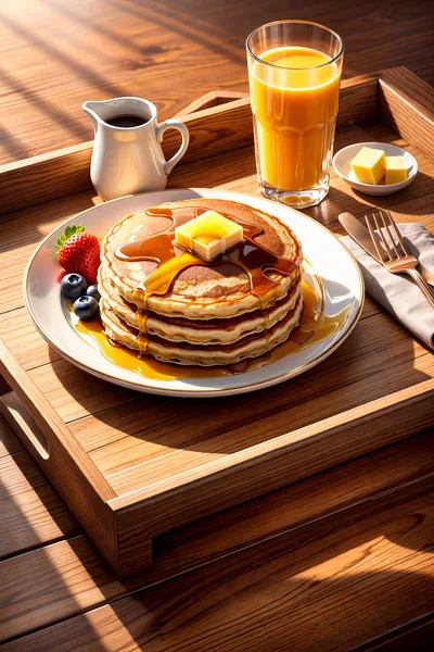 Stack Of Pancakes With Syrup And Orange Juice