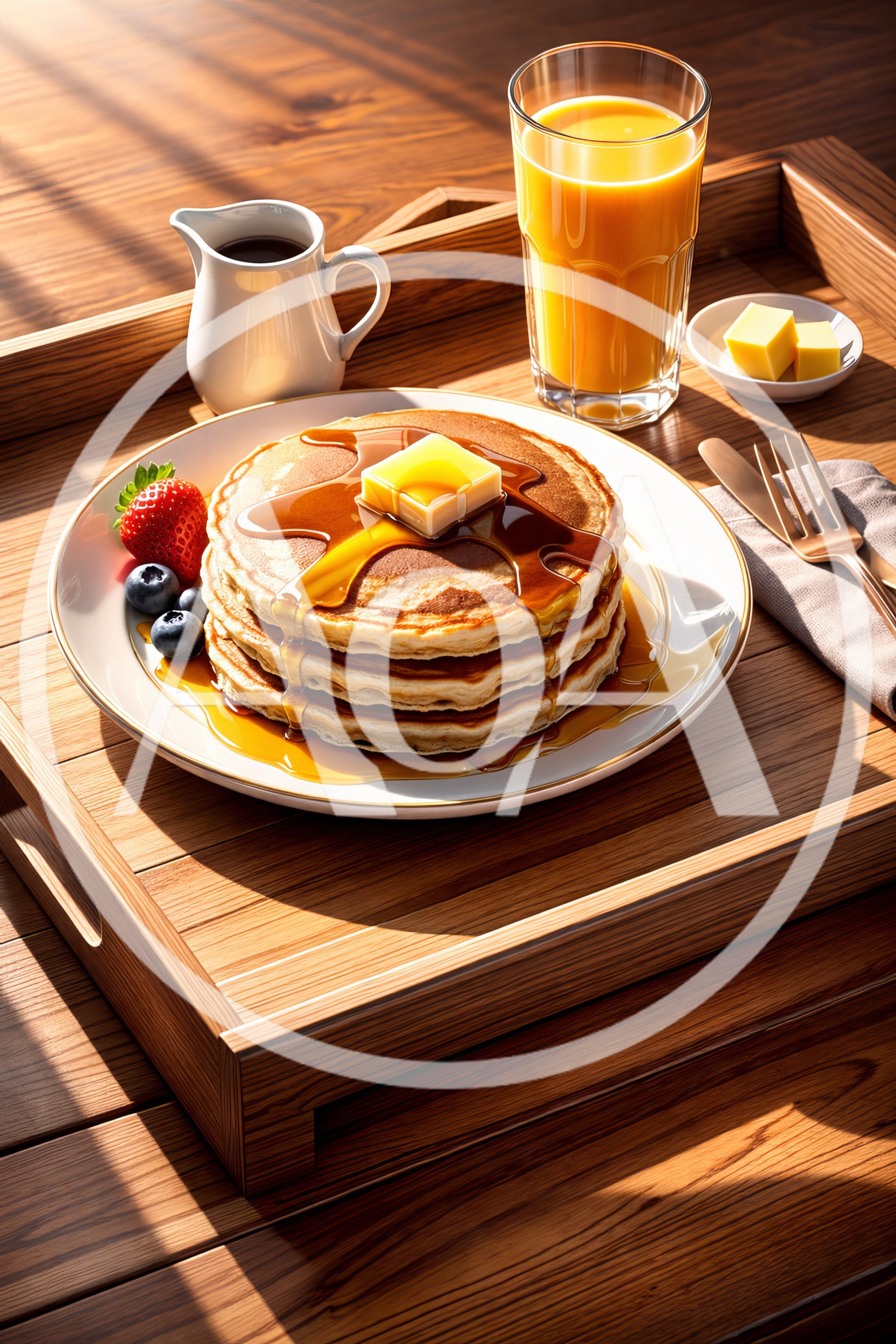 Stack Of Pancakes With Syrup And Orange Juice