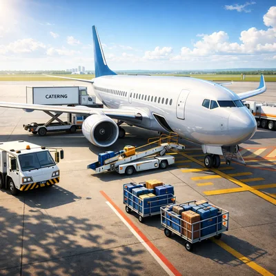 Ground Crew Servicing Commercial Airplane at Airport