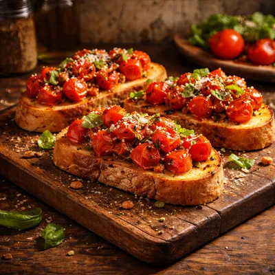 Fresh Tomato Bruschetta on Rustic Wooden Board