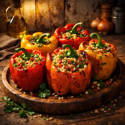Stuffed Bell Peppers On A Rustic Wooden Platter