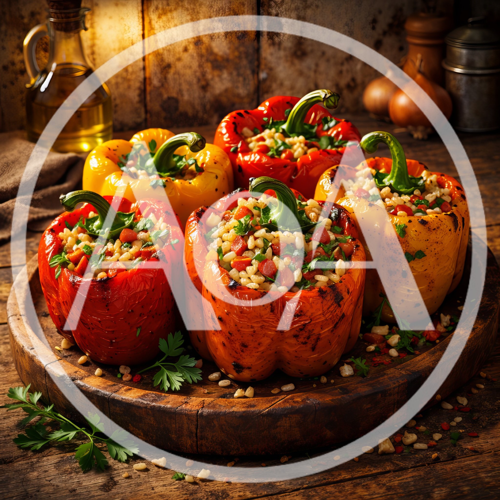 Stuffed Bell Peppers On A Rustic Wooden Platter