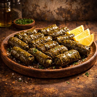 Traditional Stuffed Grape Leaves Dolma on Wooden Platter