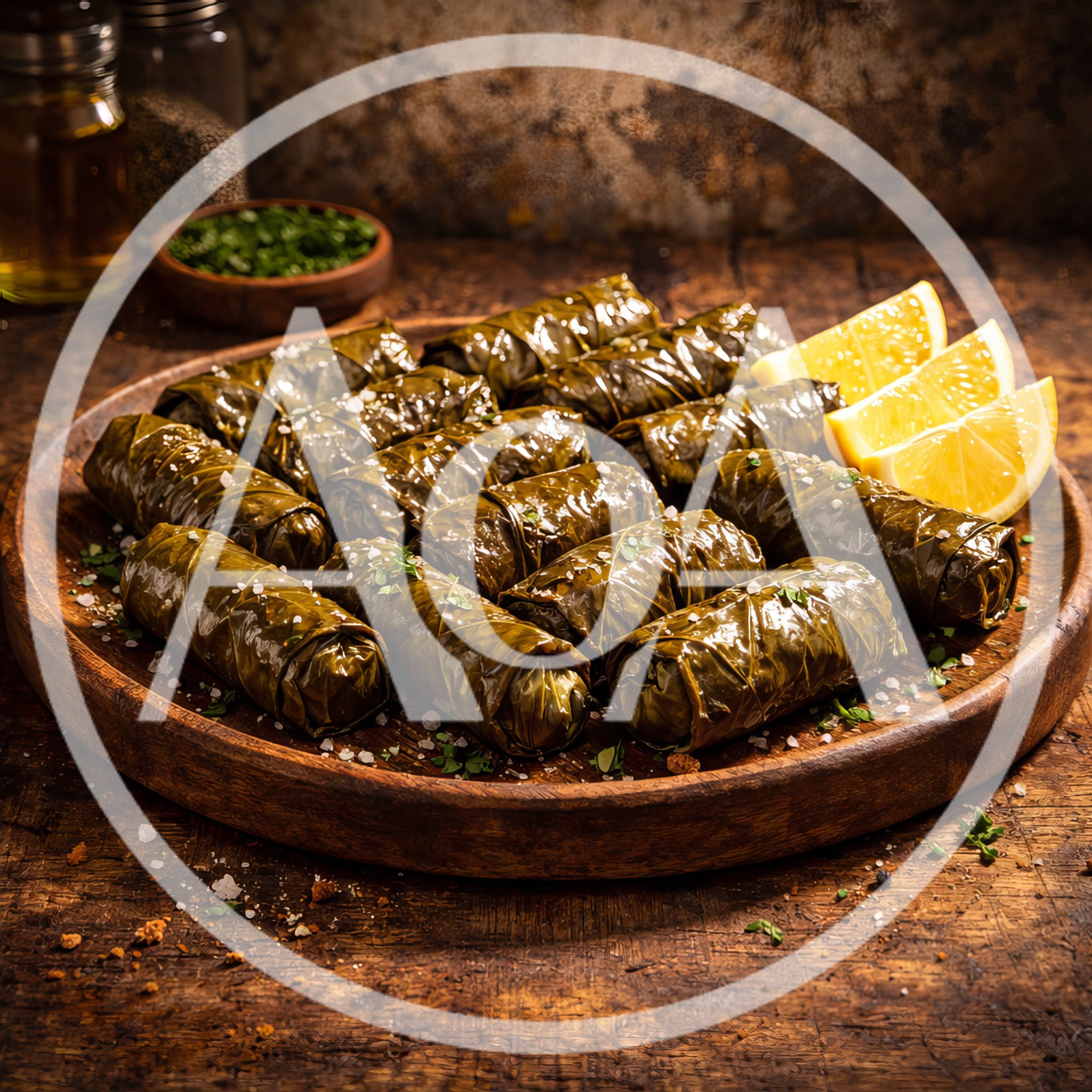 Traditional Stuffed Grape Leaves Dolma on Wooden Platter