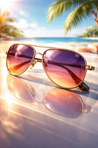 Aviator Sunglasses Resting On A Reflective Tropical Beach Surface