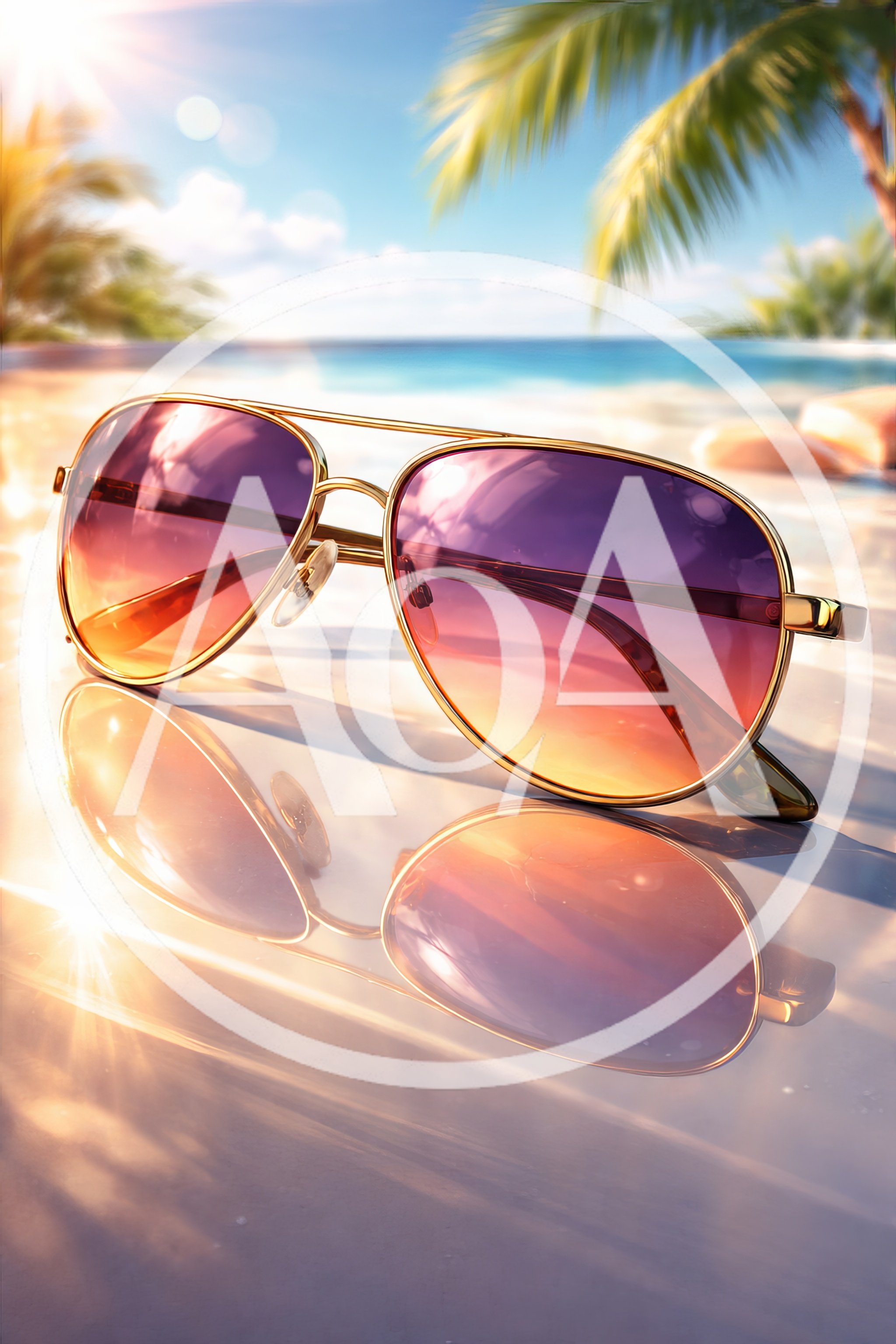 Aviator Sunglasses Resting On A Reflective Tropical Beach Surface