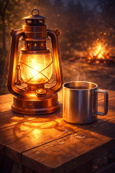Camping Lantern And Metal Mug On Wooden Table