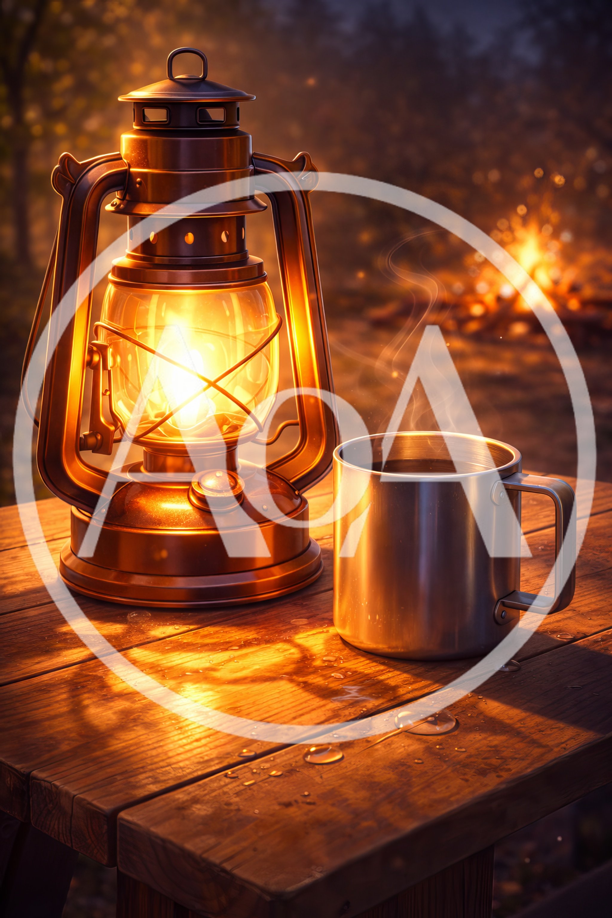 Camping Lantern And Metal Mug On Wooden Table