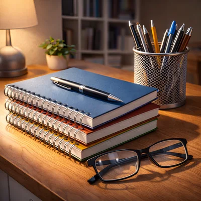 Stack Of Spiral Notebooks With Pen And Glasses