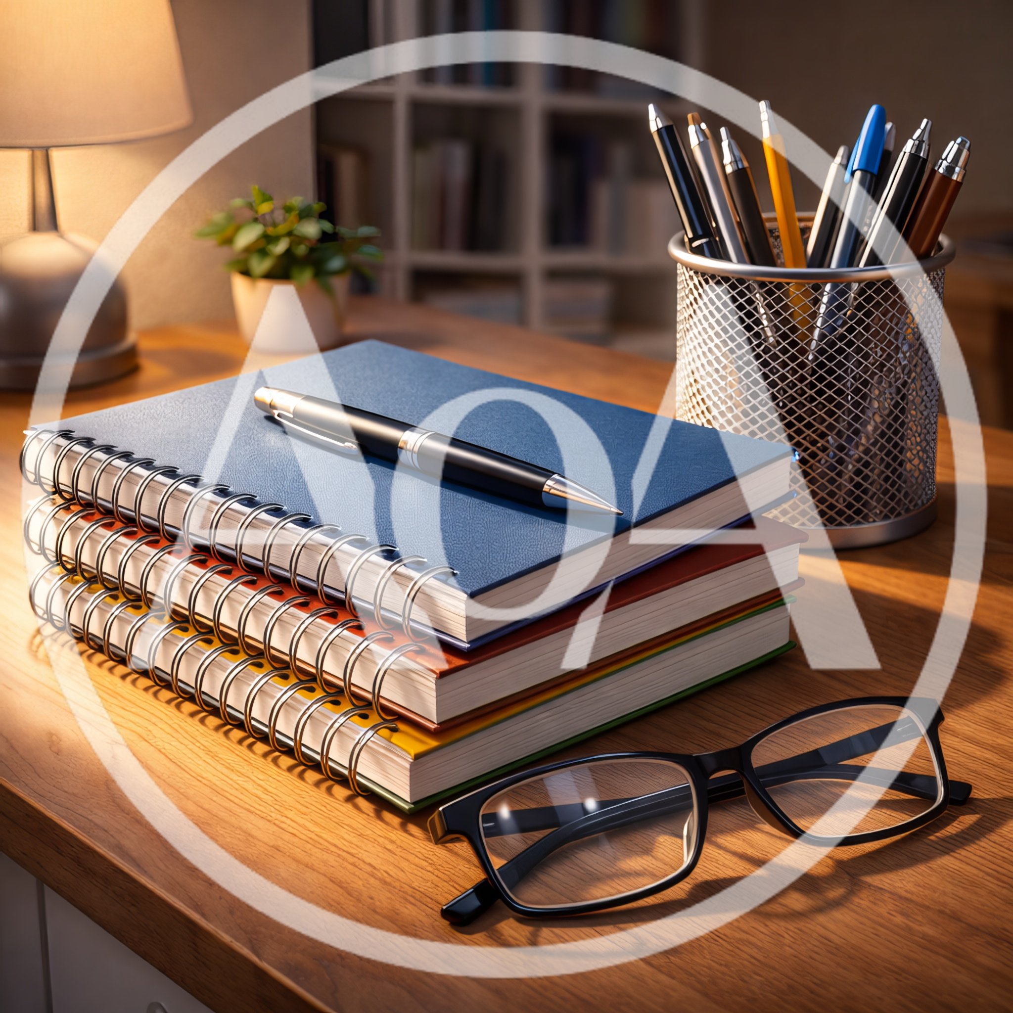 Stack Of Spiral Notebooks With Pen And Glasses