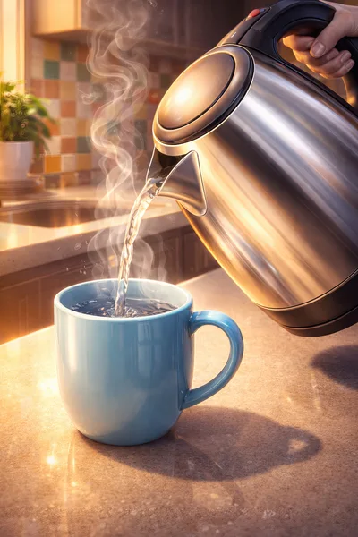 Pouring Hot Water From Electric Kettle Into Blue Mug