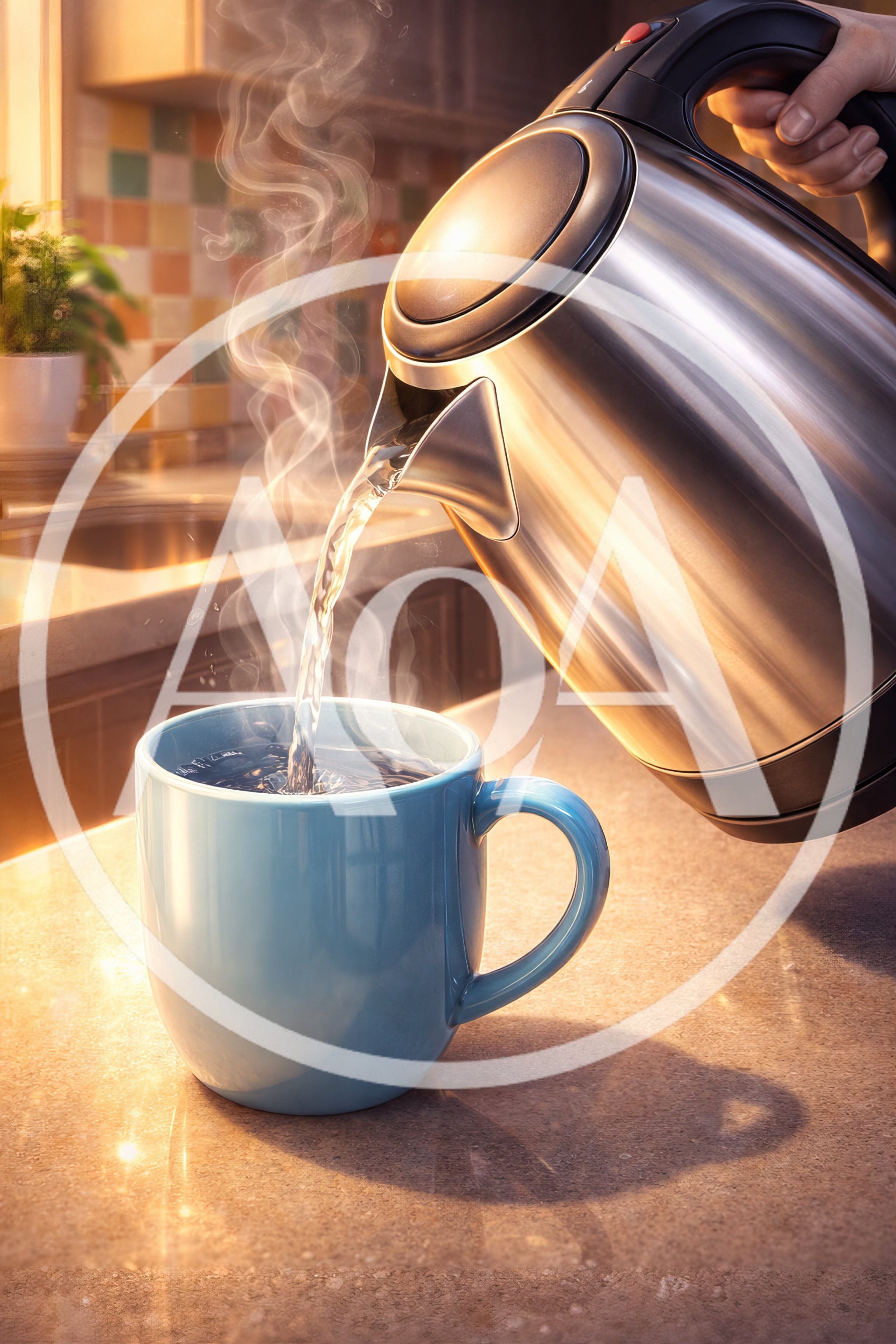 Pouring Hot Water From Electric Kettle Into Blue Mug