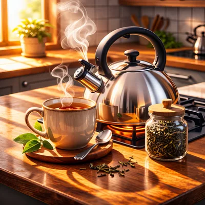 Steaming Tea Cup and Kettle on Kitchen Counter