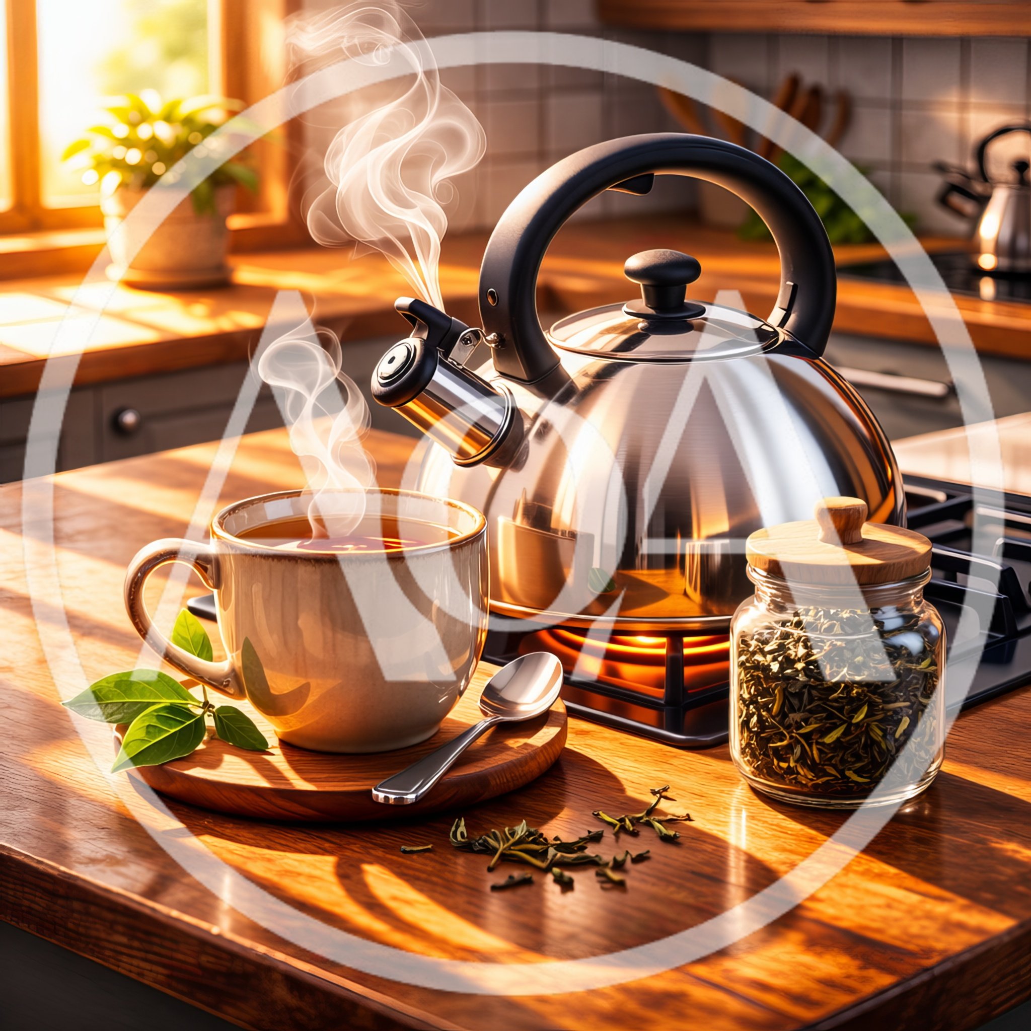 Steaming Tea Cup and Kettle on Kitchen Counter
