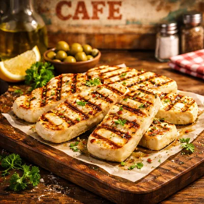 Grilled Halloumi Cheese Slices on Wooden Board