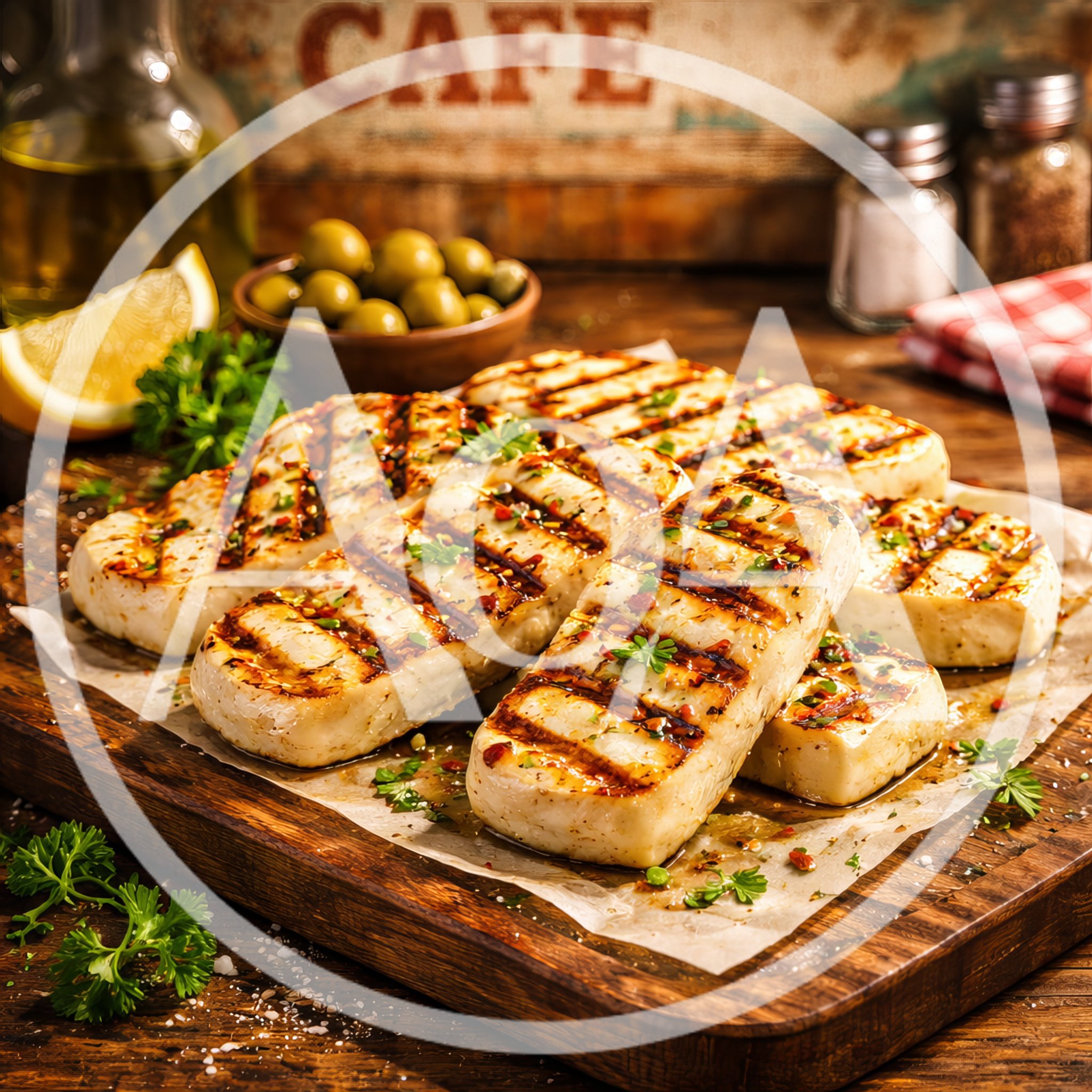 Grilled Halloumi Cheese Slices on Wooden Board