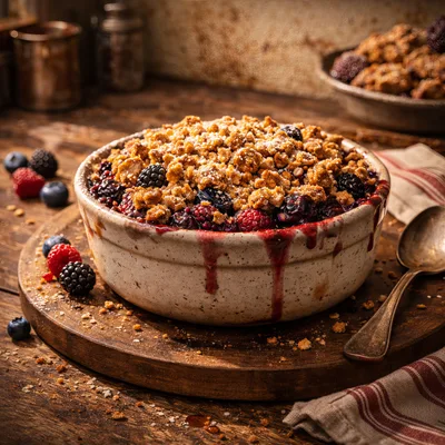 Fresh Berry Crumble Dessert In Rustic Ceramic Bowl