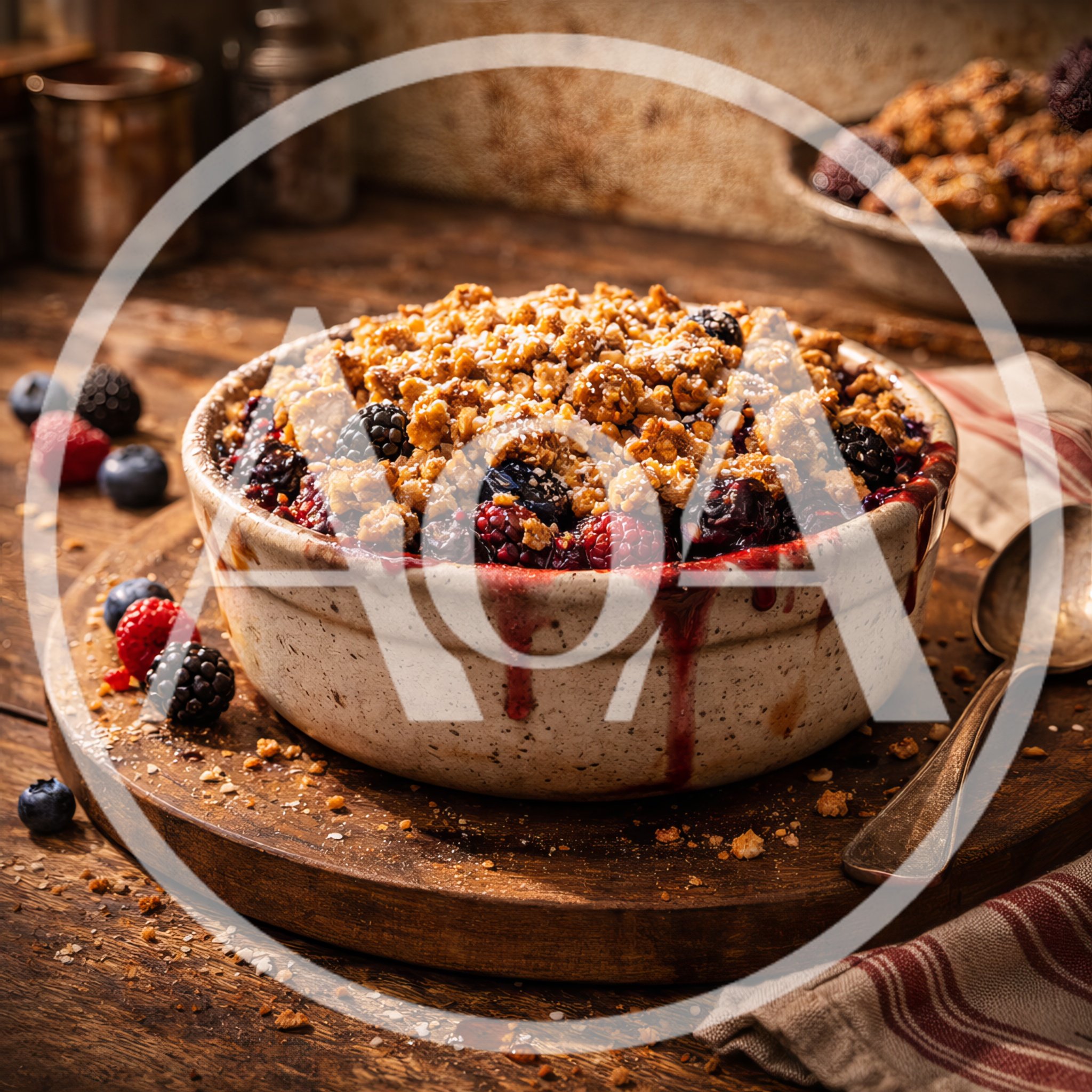 Fresh Berry Crumble Dessert In Rustic Ceramic Bowl