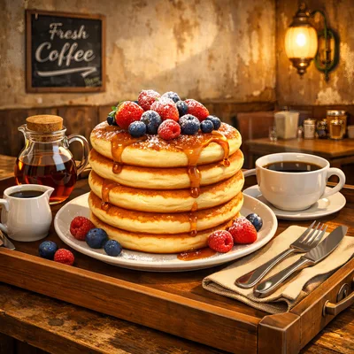 Stack of Fluffy Pancakes with Berries and Syrup