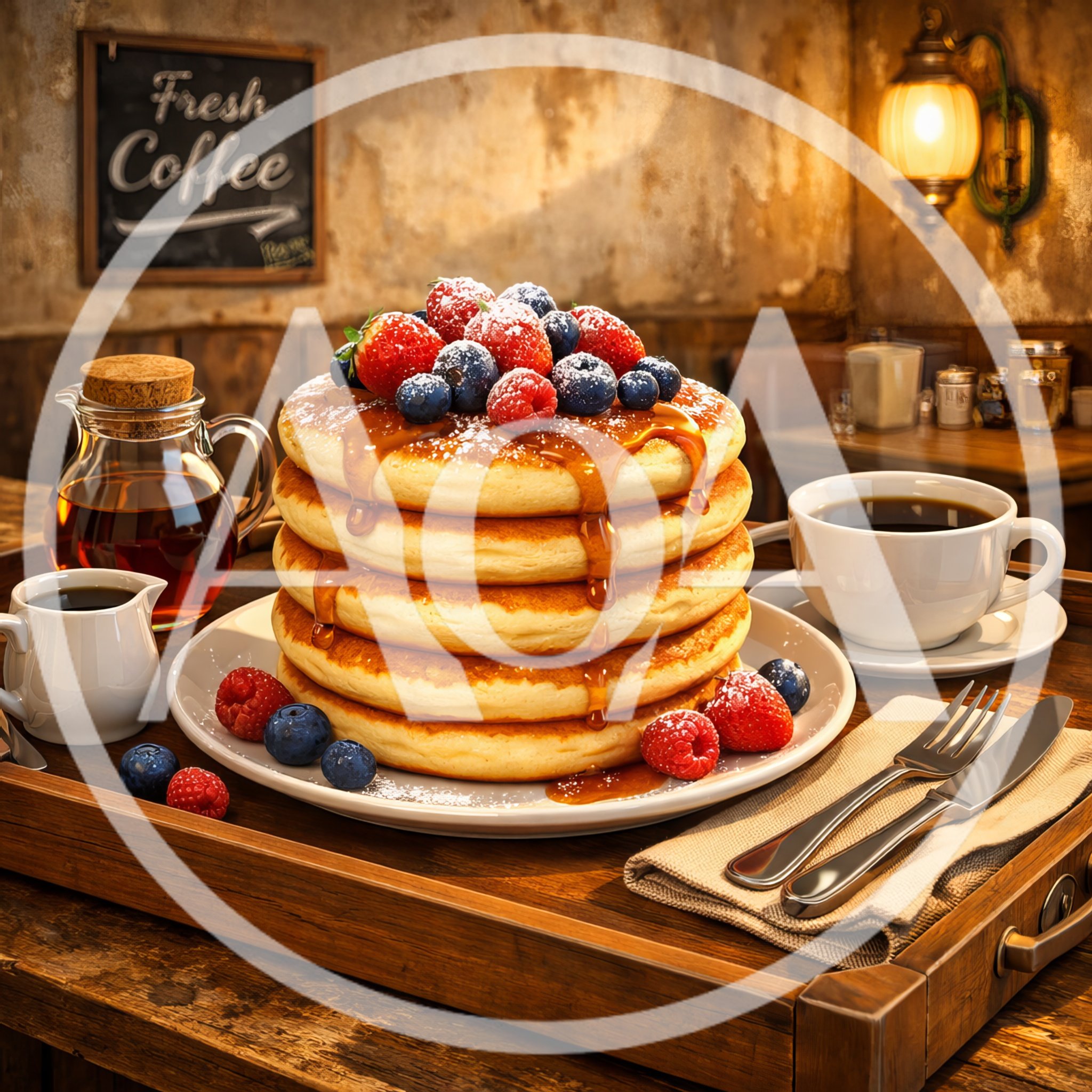 Stack of Fluffy Pancakes with Berries and Syrup
