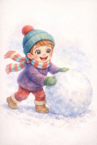 Cute Child Rolling A Large Snowball In Winter