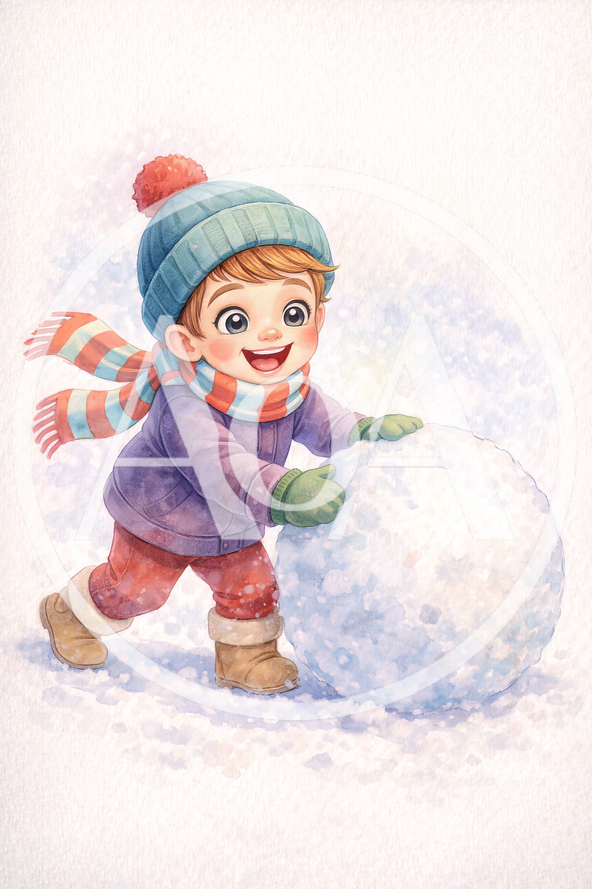 Cute Child Rolling A Large Snowball In Winter