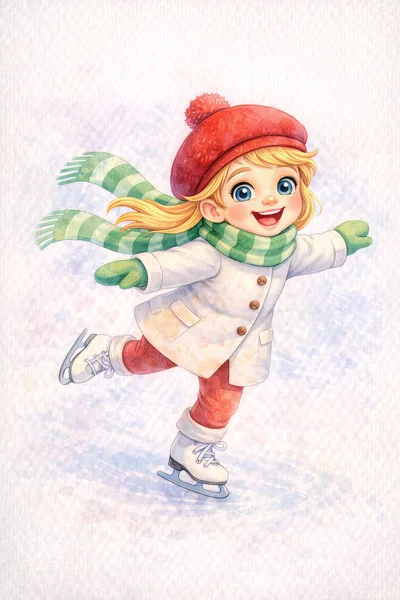 Happy Little Girl Ice Skating In Winter