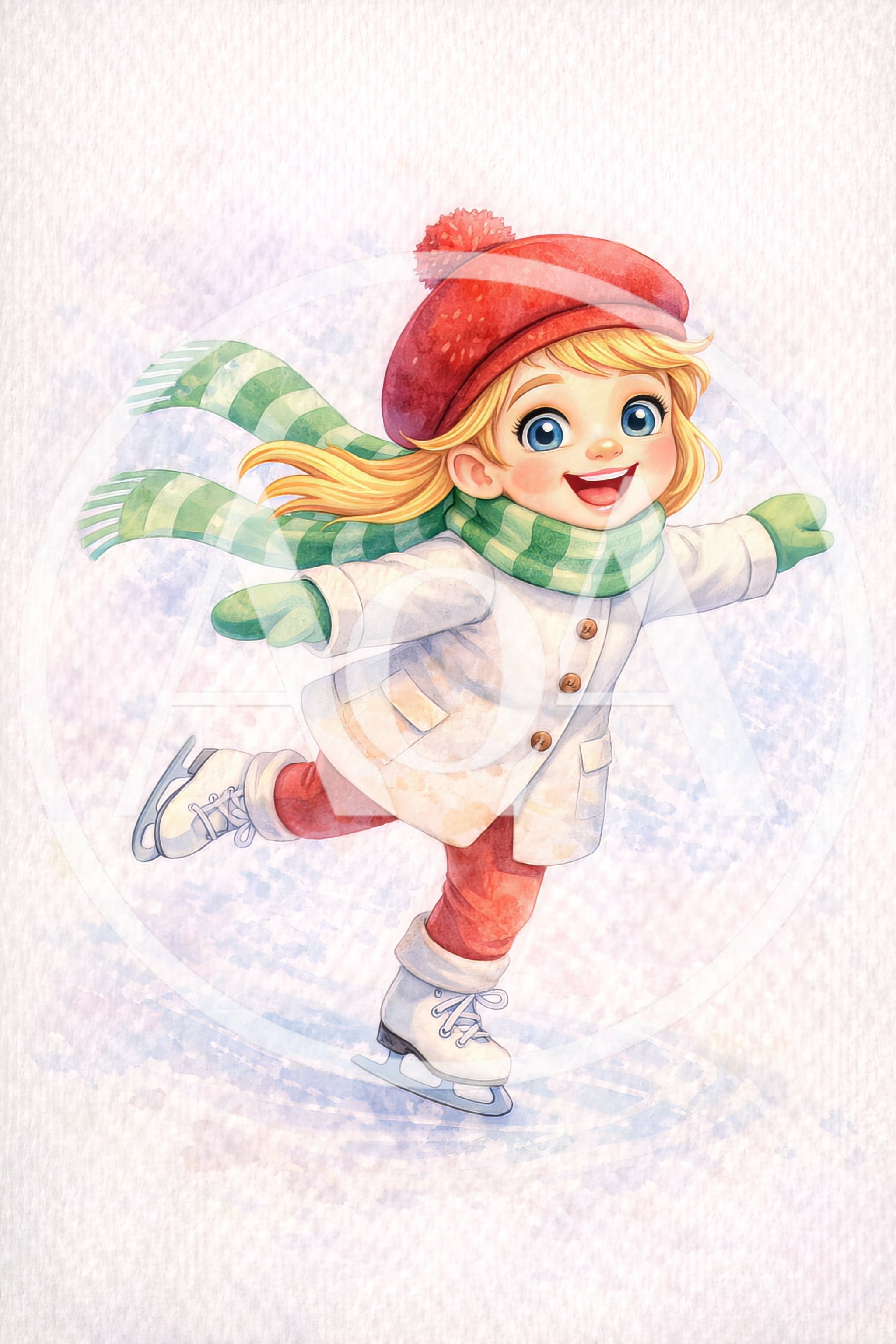 Happy Little Girl Ice Skating In Winter