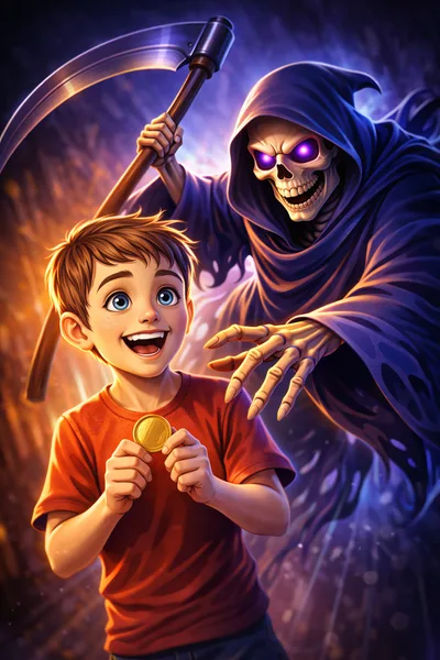Young Boy Holding Gold Coin With Grim Reaper