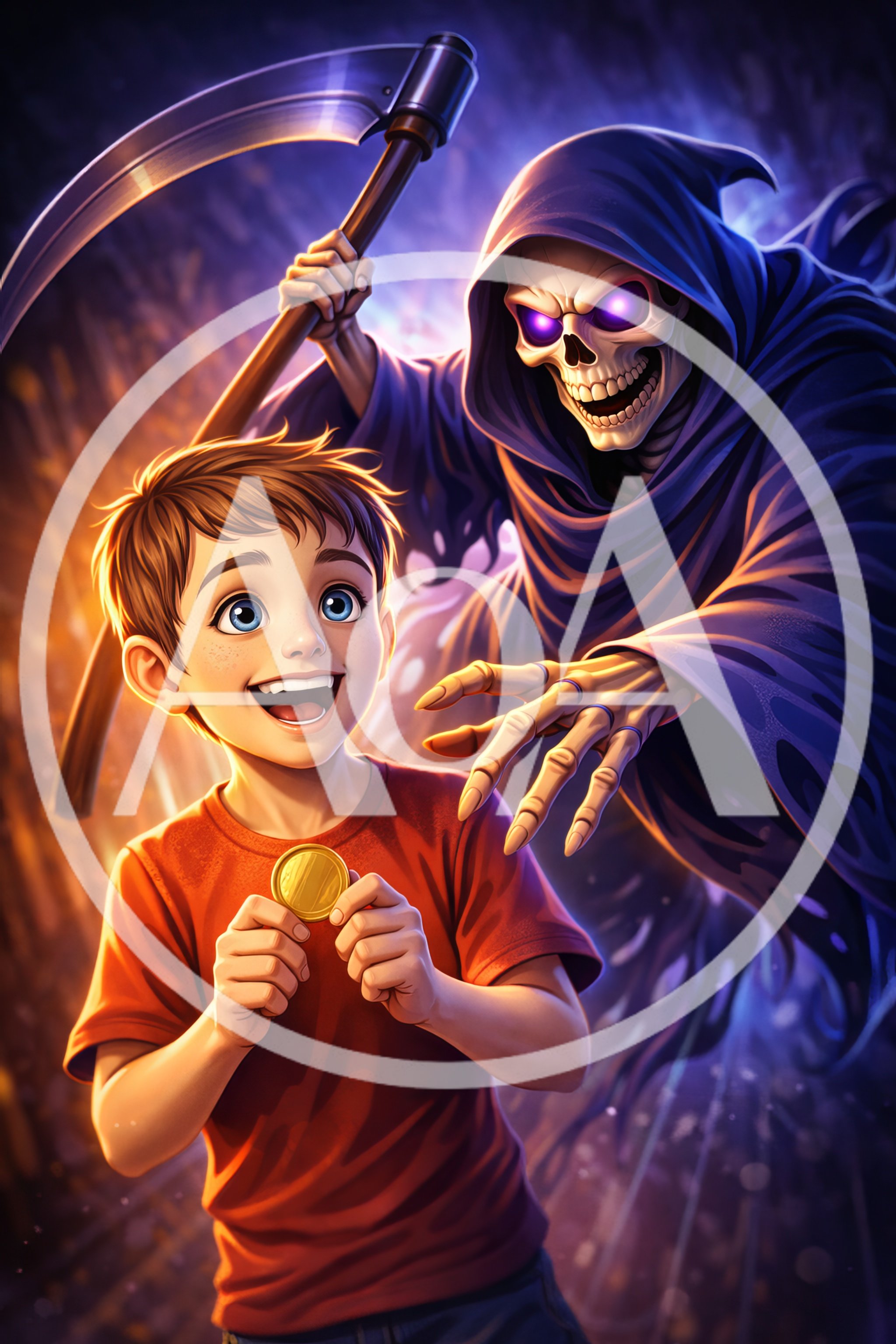 Young Boy Holding Gold Coin With Grim Reaper