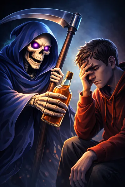 Grim Reaper Offering Alcohol To A Depressed Young Man
