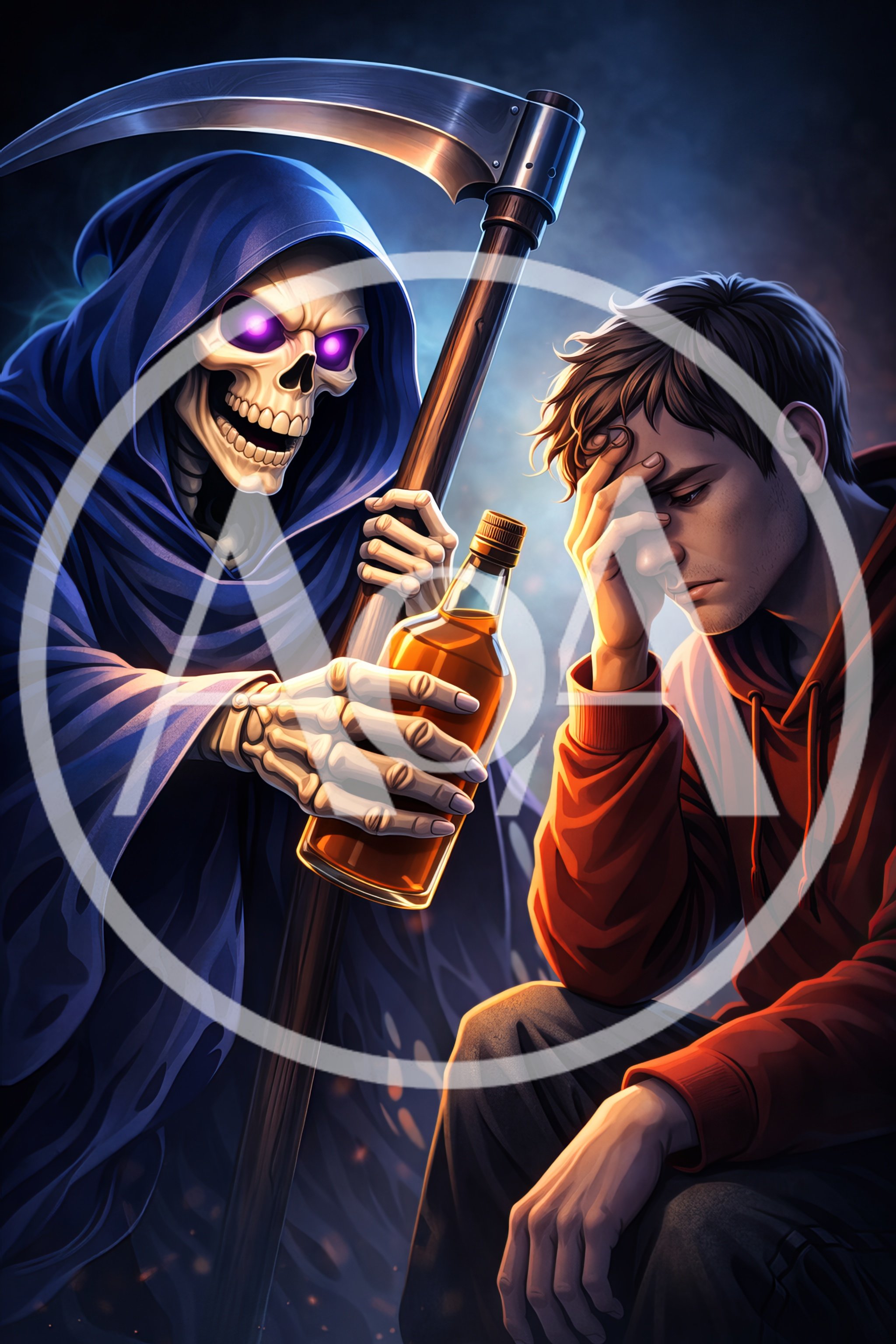 Grim Reaper Offering Alcohol To A Depressed Young Man