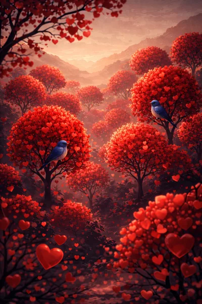 Two Blue Birds Perched In A Heart Shaped Forest