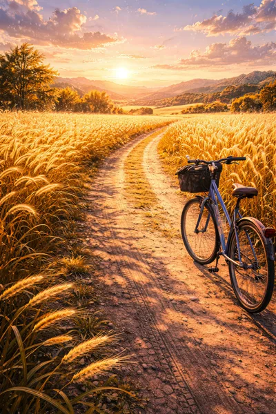 Blue Bicycle Parked On A Dirt Path In Wheat Field